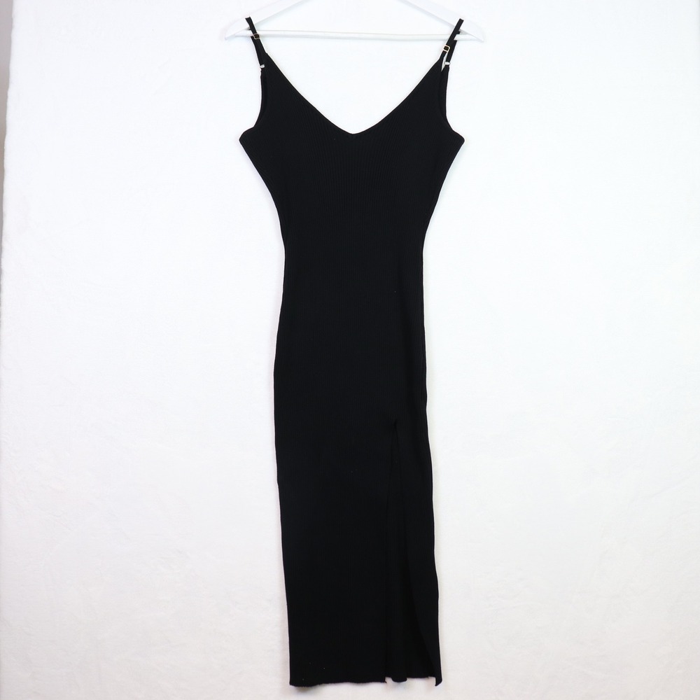 HERA Collection Black Ribbed V Neck Spaghetti Strap Maxi Dress Side Slit Size L